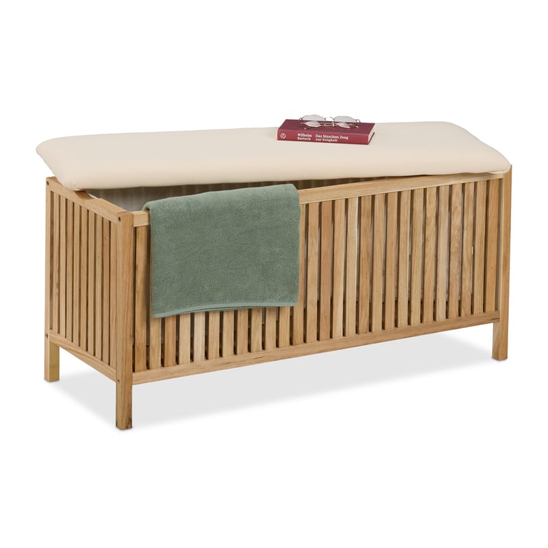 Relaxdays košara za rublje sa sjedalom, 100 L, 50x100x38 cm, prirodna i crna, kupaonska klupa s prostorom za odlaganje