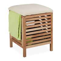 Relaxdays úložný taburet s čalúneným sedadlom, orechové drevo a látka, 35 l kôš na bielizeň, na uteráky a prikrývky, 51x39x39 cm, prírodný 1