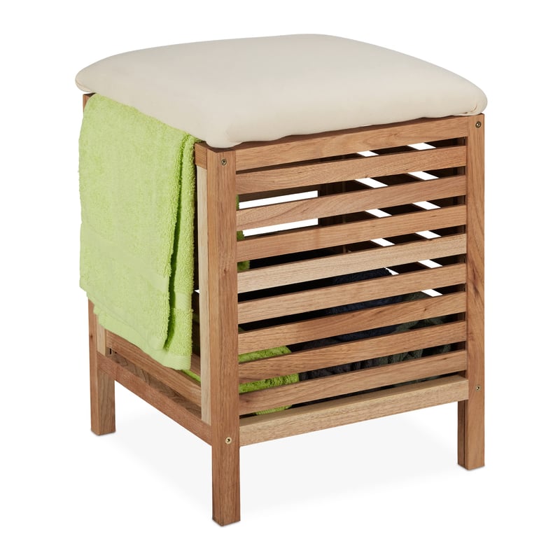 Relaxdays úložný taburet s čalúneným sedadlom, orechové drevo a látka, 35 l kôš na bielizeň, na uteráky a prikrývky, 51x39x39 cm, prírodný