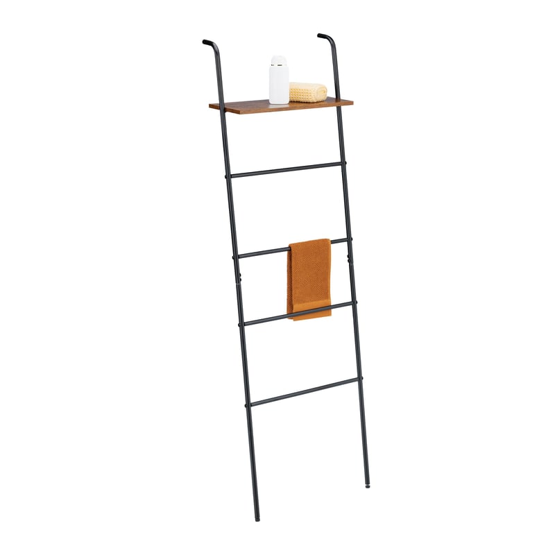 Relaxdays Törölközőlétra 4 Fokkal és Polccal, 150x45,5x20 cm, Fém, Ipari Design, Fekete/Barna
