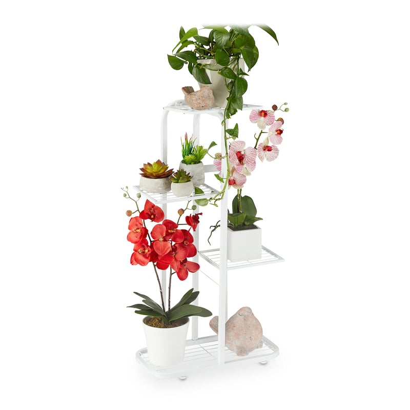 Suport pentru flori Relaxdays, metal, 4 niveluri, alb, raft etajat pentru balcon, terasă, interior și exterior
