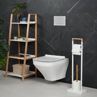 Relaxdays WC-kefe tartóval és toalettpapír-tartóval, bambusz és rozsdamentes acél, szabadon álló, fehér/natúr 3
