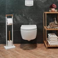 Relaxdays WC-kefe tartóval és toalettpapír-tartóval, bambusz és rozsdamentes acél, szabadon álló, fehér/natúr 5