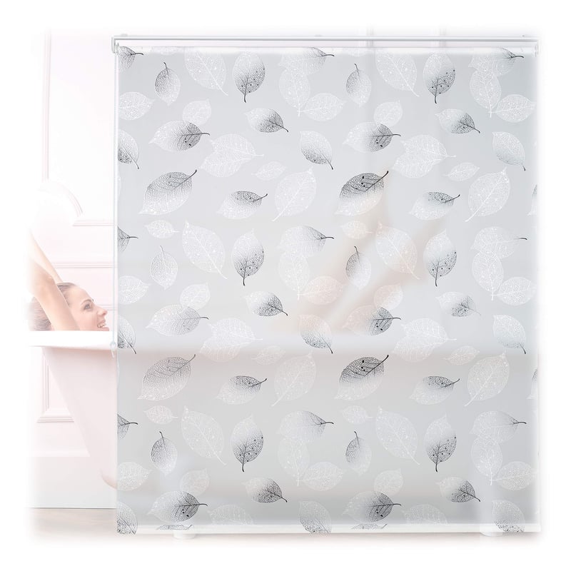 Relaxdays rolovací sprchový záves 140x240 cm s listovým vzorom, sťahovacia šnúrka, čierno-biely, na vaňu, s flexibilným upevnením