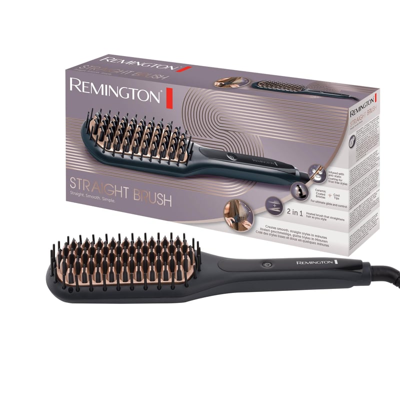 Perie de îndreptat părul și placă 2în1 Remington CB7400, cu peri antistatici cu înveliș ceramic, afișaj digital, 150-230°C, Negru