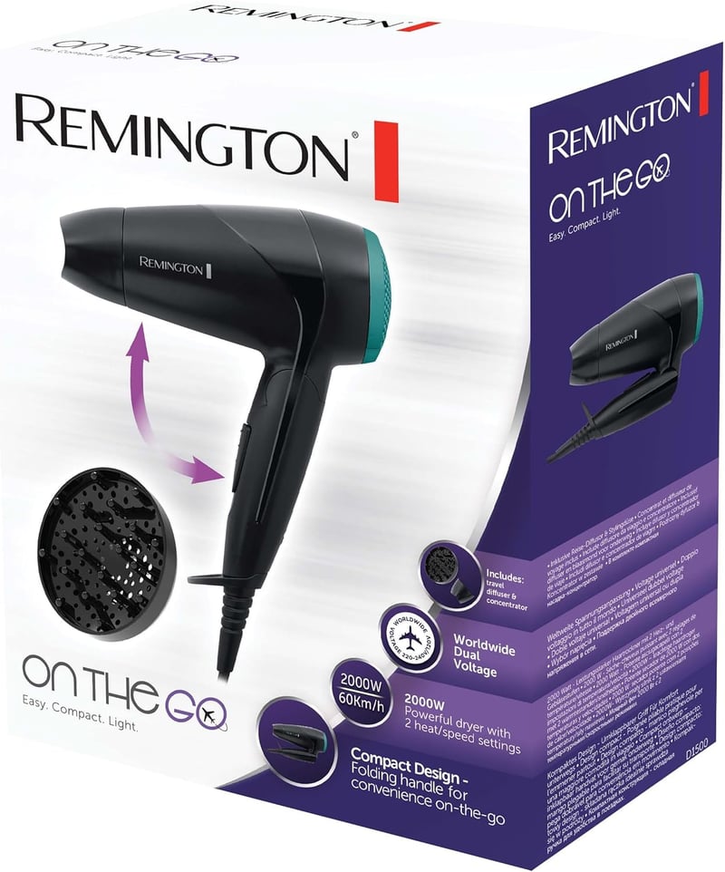 Remington D1500 2000W összecsukható utazó hajszárító diffúzorral - White