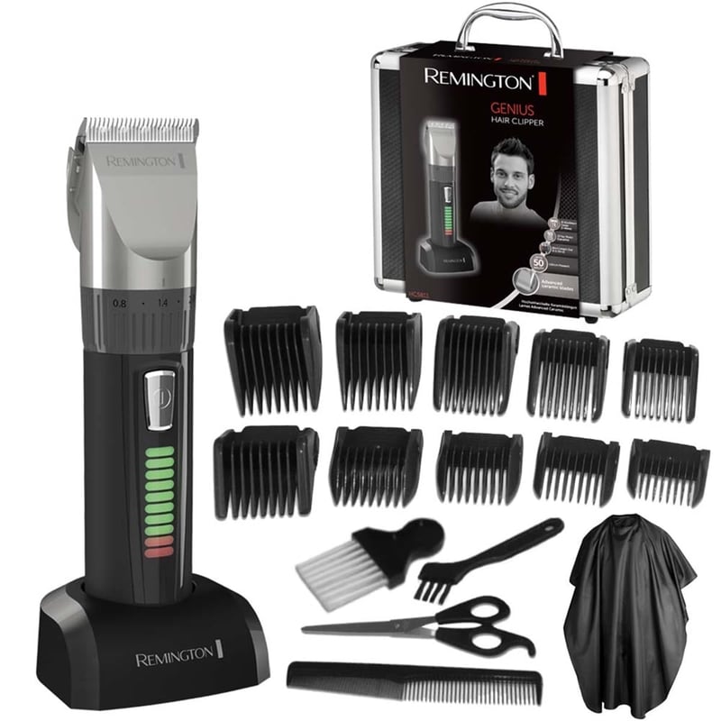 Mașină de tuns profesională Remington HC5811 - Lame ceramice auto-ascuțite, 0,8-40 mm, 10 piepteni atașabili, cu acumulator/fir, geantă din aluminiu