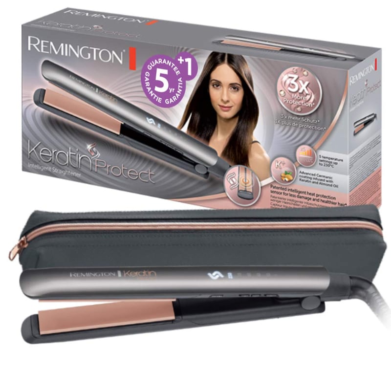 Placă de îndreptat părul Remington Keratin Protect S8598 – înveliș ceramic, senzor de protecție termică, 150-230°C, plăci flexibile, husă, gri