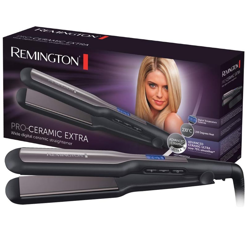 Placă de îndreptat părul Remington S5525 Pro-Ceramic Extra – plăci ceramice extra late de 45 mm, afișaj LCD, 150-230°C, negru
