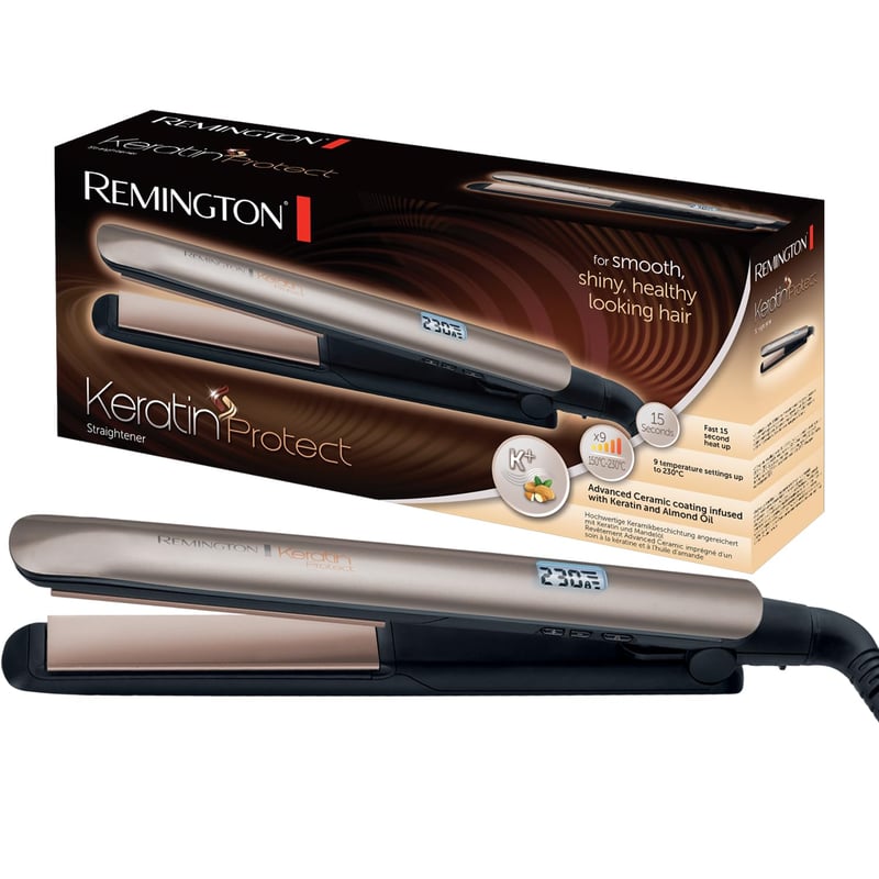 Žehlička na vlasy Remington S8540 Keratin Protect | Keramický povrch s mandľovým olejom | LCD displej | 10 teplotných nastavení 150-230 °C | 110 mm | Čierna