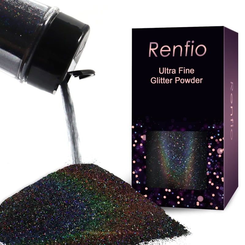 Renfio holografické trblietky 60g, 1/128" ultra jemné trblietky na tvár, vlasy, nechty a dekorácie – laserová čierna