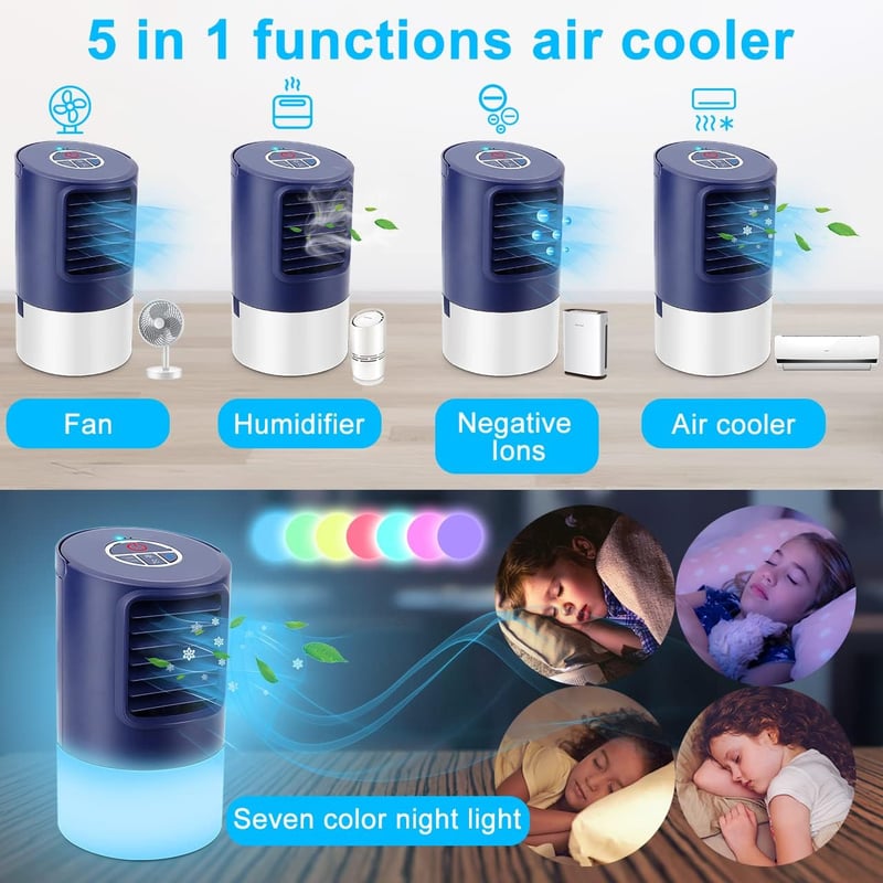 Renfox Mini Légkondicionáló Hordozható Léghűtő 4in1 Ventilátor Párásító 3 Fokozat LED Kék Otthon Iroda