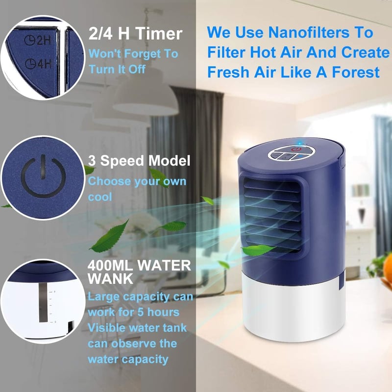 Renfox Mini Légkondicionáló Hordozható Léghűtő 4in1 Ventilátor Párásító 3 Fokozat LED Kék Otthon Iroda