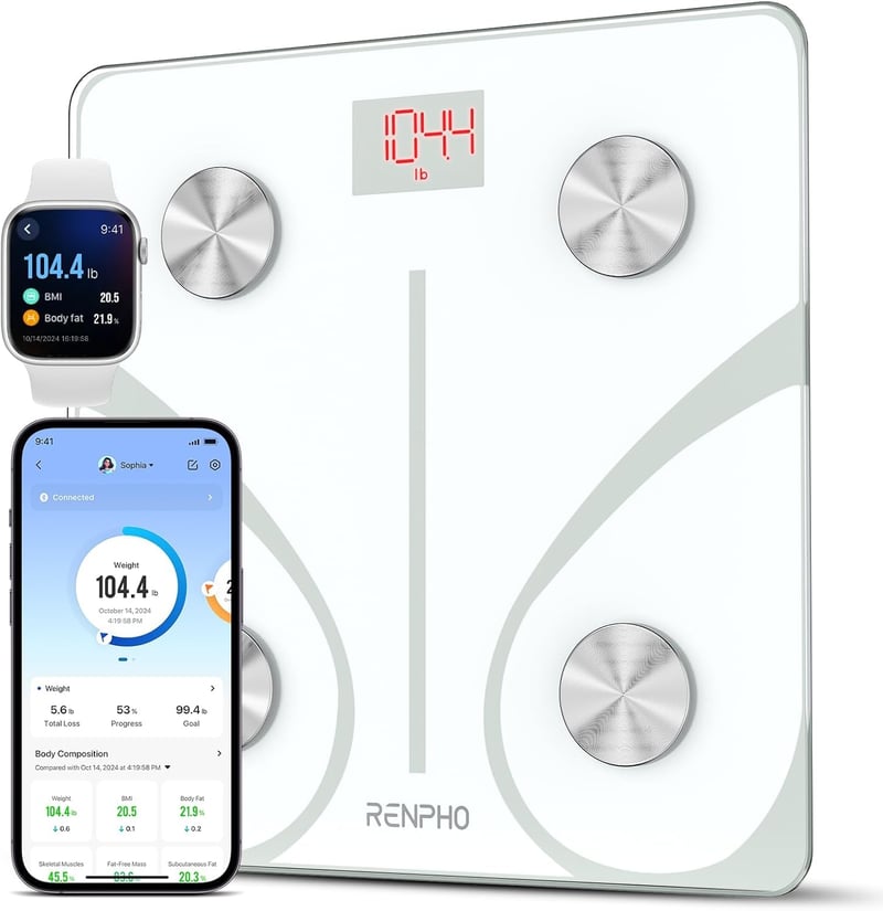 Cântar inteligent Bluetooth RENPHO cu analizor de grăsime corporală, conectivitate prin aplicație, măsurare IMC, masă musculară, proteine, BMR, alb