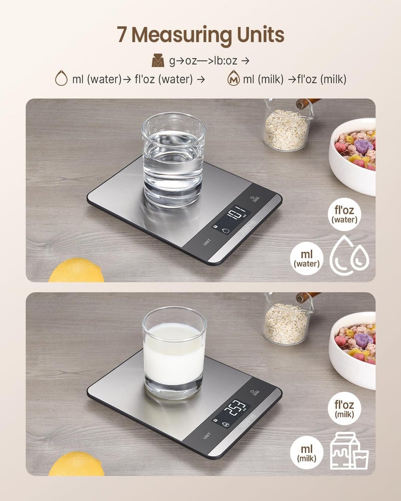 RENPHO Digitális Konyhai Mérleg Rozsdamentes Acél, 7 Mértékegység, LCD Kijelző