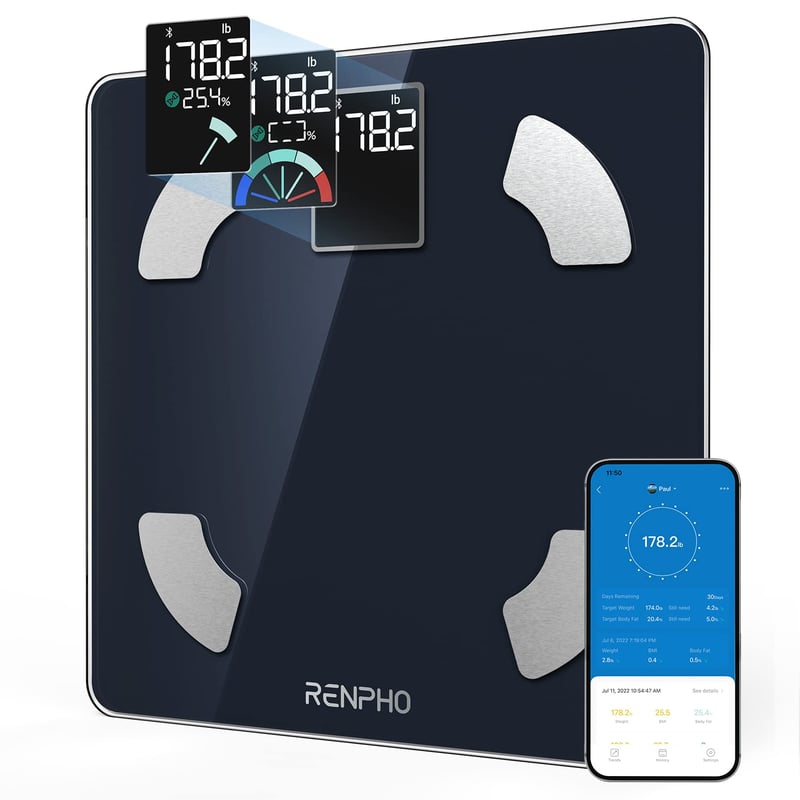 RENPHO Elis 1 Digitális Személymérleg Bluetooth Kapcsolattal, Nagy VA Kijelzővel, 13 Testösszetétel-elemzéssel és Fitness Alkalmazással