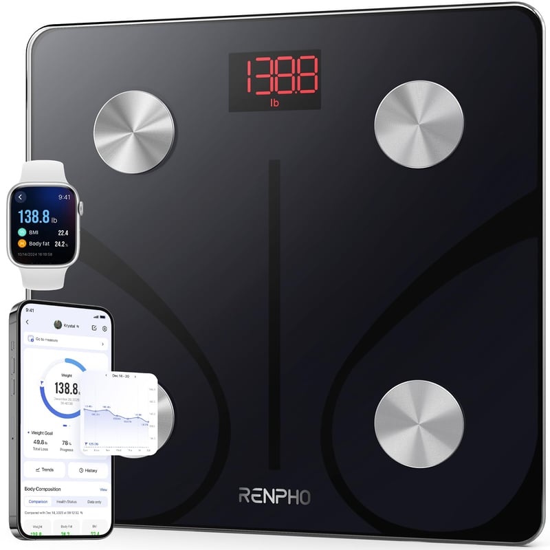 Inteligentná osobná váha RENPHO 180 kg – Bluetooth, BMI, analýza telesného tuku, čierna