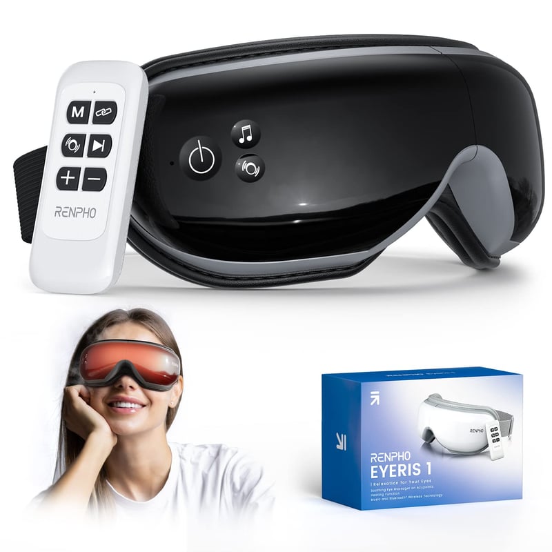 Aparat de masaj ocular RENPHO Eyeris 1 cu încălzire - Cu muzică Bluetooth, telecomandă, pentru ameliorarea migrenelor, oboselii oculare și a ochilor uscați