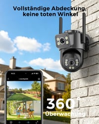 Reobiux 2K vonkajšia bezpečnostná kamera s dvoma objektívmi, PTZ IP kamera, WiFi kamera s automatickým sledovaním, farebným nočným videním, obojsmerným zvukom a nepretržitým záznamom 24/7 2