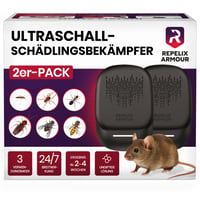 REPELIX ARMOUR PR-025 Dispozitiv cu ultrasunete pentru alungarea dăunătorilor, 2 buc. - Acoperire 140 m² - 3 Moduri - Repelent pentru șoareci, șobolani, păianjeni, țânțari, furnici, insecte și muște - Negru 1