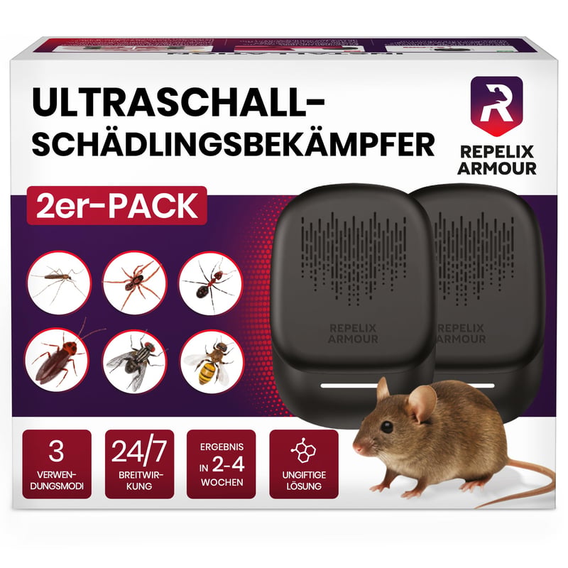 REPELIX ARMOUR PR-025 Dispozitiv cu ultrasunete pentru alungarea dăunătorilor, 2 buc. - Acoperire 140 m² - 3 Moduri - Repelent pentru șoareci, șobolani, păianjeni, țânțari, furnici, insecte și muște - Negru