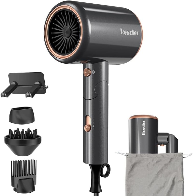Rescien Ionos Hajszárító 2400W - Kompakt Utazási Szett Tartóval, 3 Hőfokozat, 3 Sebesség, Gyorsszárítás, 3 Tartozékkal, Diffúzorral és Táská