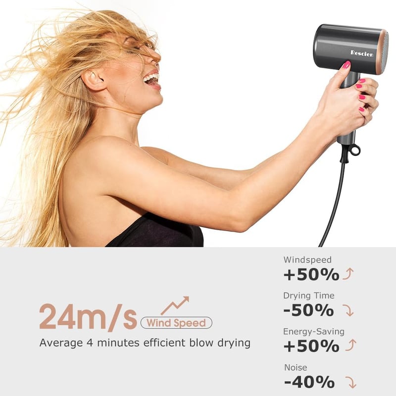 Rescien Ionos Hajszárító 2400W - Kompakt Utazási Szett Tartóval, 3 Hőfokozat, 3 Sebesség, Gyorsszárítás, 3 Tartozékkal, Diffúzorral és Táská