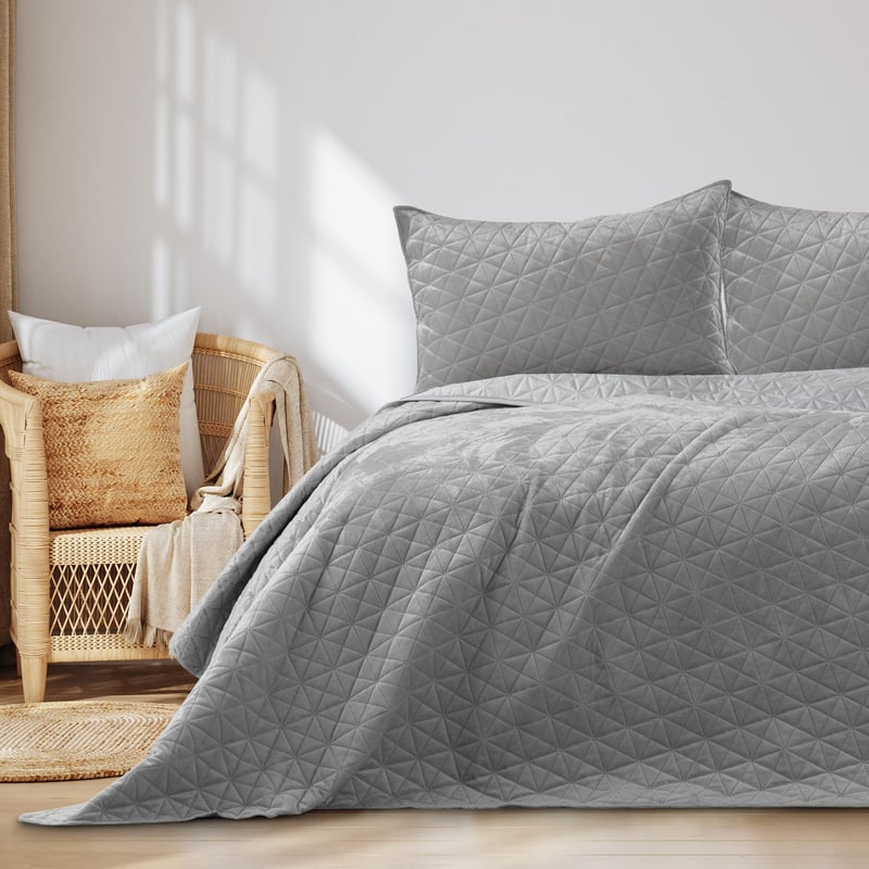 RESTILO Laila prekrivač 200x220 cm srebrni prošiveni baršunasti prekrivač za krevet, prekrivač za dnevni boravak