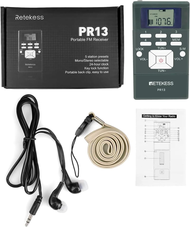 Retekess PR13 Elemes FM Rádió Fejhallgatóval, Digitális Órával és Csipesszel, Sztereó Vevőkészülék Ideális Találkozókhoz, Idegenvezetéshez é