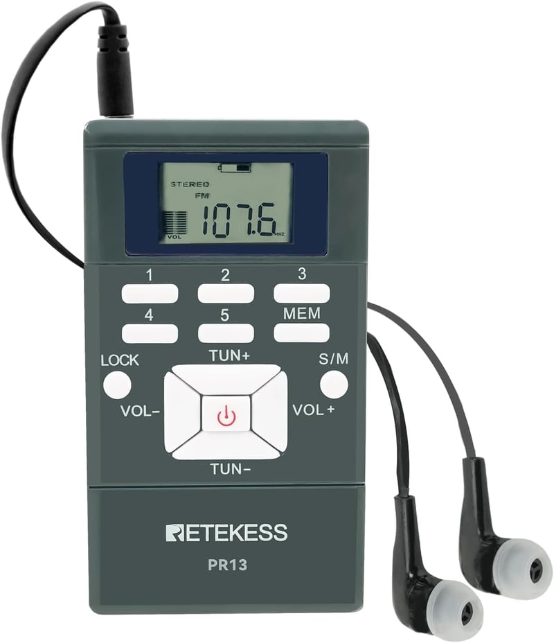 Retekess PR13 Elemes FM Rádió Fejhallgatóval, Digitális Órával és Csipesszel, Sztereó Vevőkészülék Ideális Találkozókhoz, Idegenvezetéshez é
