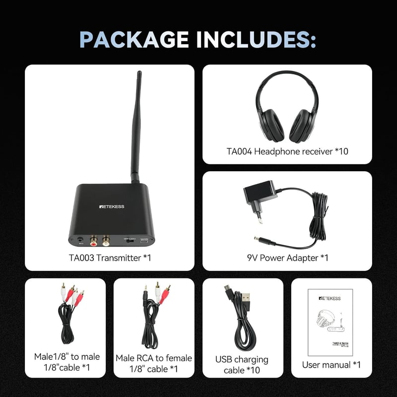 Retekess TA004 Silent Disco Vezeték Nélküli Fejhallgató 3 Csatorna HiFi Stereo