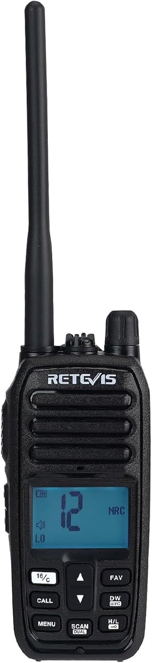 Stație radio portabilă maritimă VHF Retevis RM21, rezistentă la apă IP67, cu reducerea zgomotului, walkie-talkie, 88 de canale, comunicare navă-țărm, negru, 1 buc.