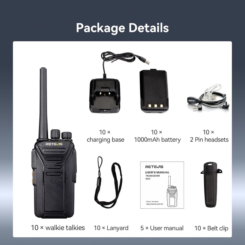 Retevis RT27 PMR446 Walkie Talkie 16 csatornás készlet 10db fekete fejhallgatóval