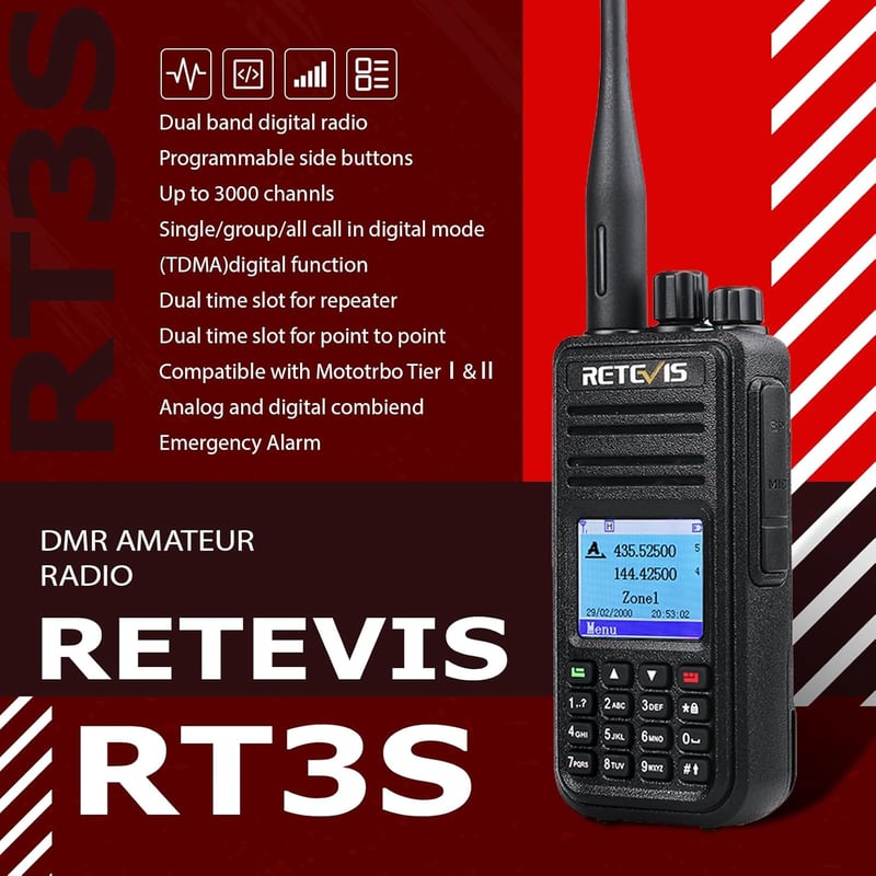 Retevis RT3S DMR analóg digitális amatőr rádió OpenGD77 támogatással, dupla idősávos ismétlő, kompatibilis Mototrbo Animal II, fekete, 1 db