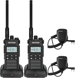 Set 2 stații radio emisie-recepție Retevis RT86S cu cască, rază lungă de acțiune, ecran LCD, baterie 2600 mAh, încărcare USB-C, apel de grup, negru