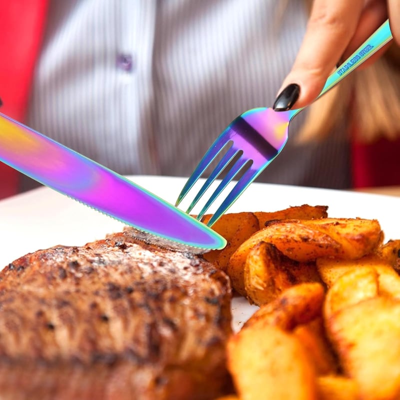 RETON 12 részes színes rozsdamentes acél evőeszköz készlet 6 személyre steak kés villa tükörfényes, mosogatógépben mosható