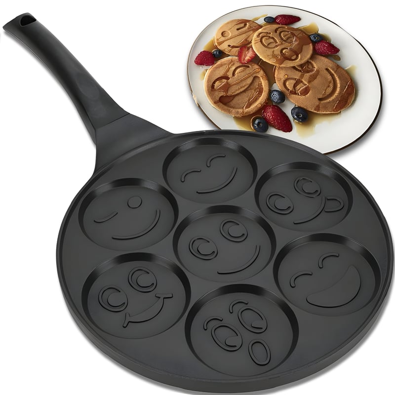 Retoo Panvica na lievance so 7 otvormi s emoji motívom, 26,5 cm, nepriľnavá panvica na palacinky so smajlíkmi, čierna, vhodná aj na vajíčka