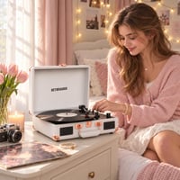 RetroAudio vinylový gramofón so vstavanými reproduktormi, 3-rýchlostný prenosný LP prehrávač v štýle kufríka s Bluetooth, RCA a slúchadlovým výstupom, biela ružové zlato 6