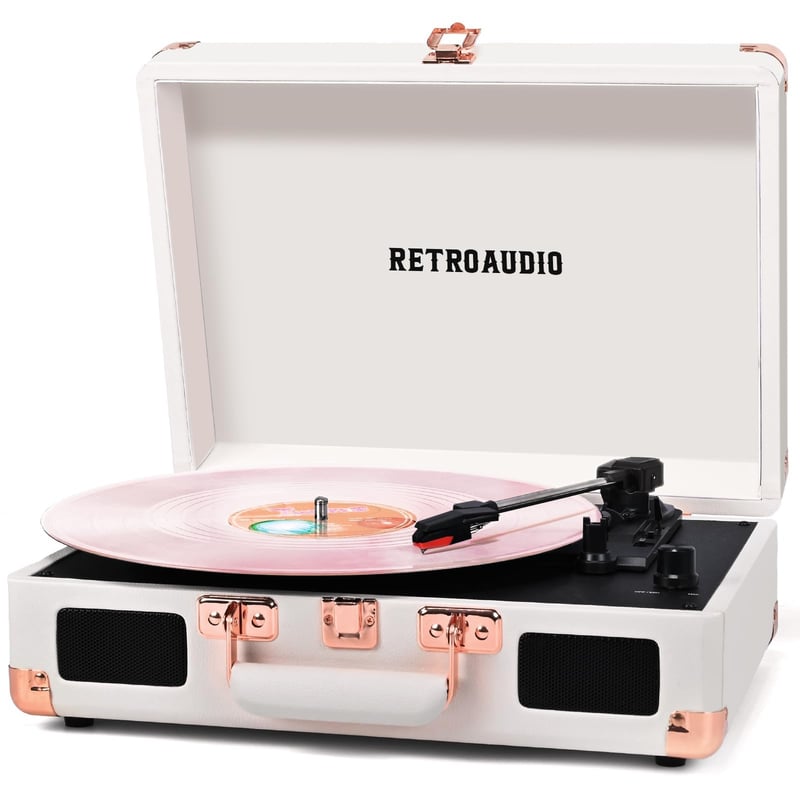 RetroAudio vinylový gramofón so vstavanými reproduktormi, 3-rýchlostný prenosný LP prehrávač v štýle kufríka s Bluetooth, RCA a slúchadlovým výstupom, biela ružové zlato