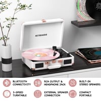 RetroAudio vinylový gramofón so vstavanými reproduktormi, 3-rýchlostný prenosný LP prehrávač v štýle kufríka s Bluetooth, RCA a slúchadlovým výstupom, biela ružové zlato 3