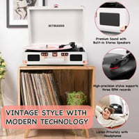 RetroAudio vinylový gramofón so vstavanými reproduktormi, 3-rýchlostný prenosný LP prehrávač v štýle kufríka s Bluetooth, RCA a slúchadlovým výstupom, biela ružové zlato 5