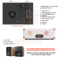 RetroAudio vinylový gramofón so vstavanými reproduktormi, 3-rýchlostný prenosný LP prehrávač v štýle kufríka s Bluetooth, RCA a slúchadlovým výstupom, biela ružové zlato 8