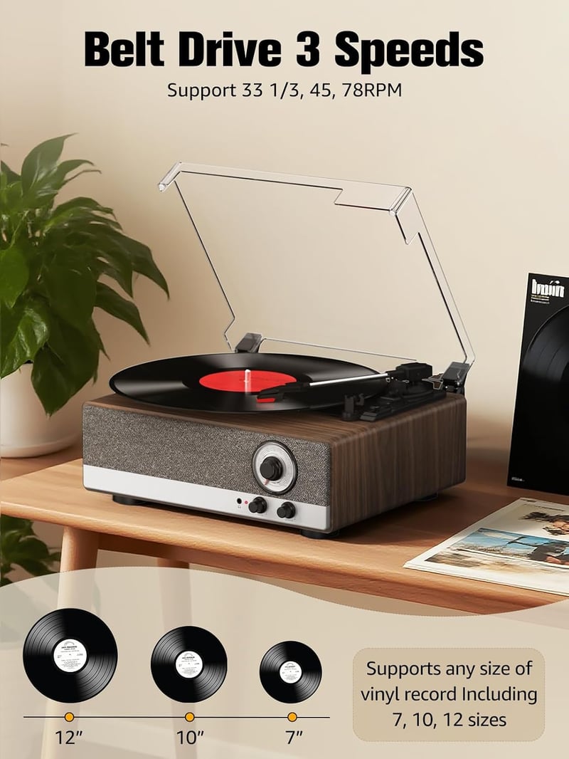 Retrolife 7 az 1-ben Bluetooth lemezjátszó beépített hangszórókkal övhajtással, 3 sebességű, pitch vezérlés, RCA kimenet, automata leállás,