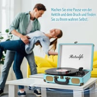 Prenosný kufríkový gramofón Retrolife s Bluetooth, 33/45/78 ot./min, remeňovým pohonom, vstavanými reproduktormi a RCA, AUX a slúchadlovým výstupom, akvamarínová modrá 6