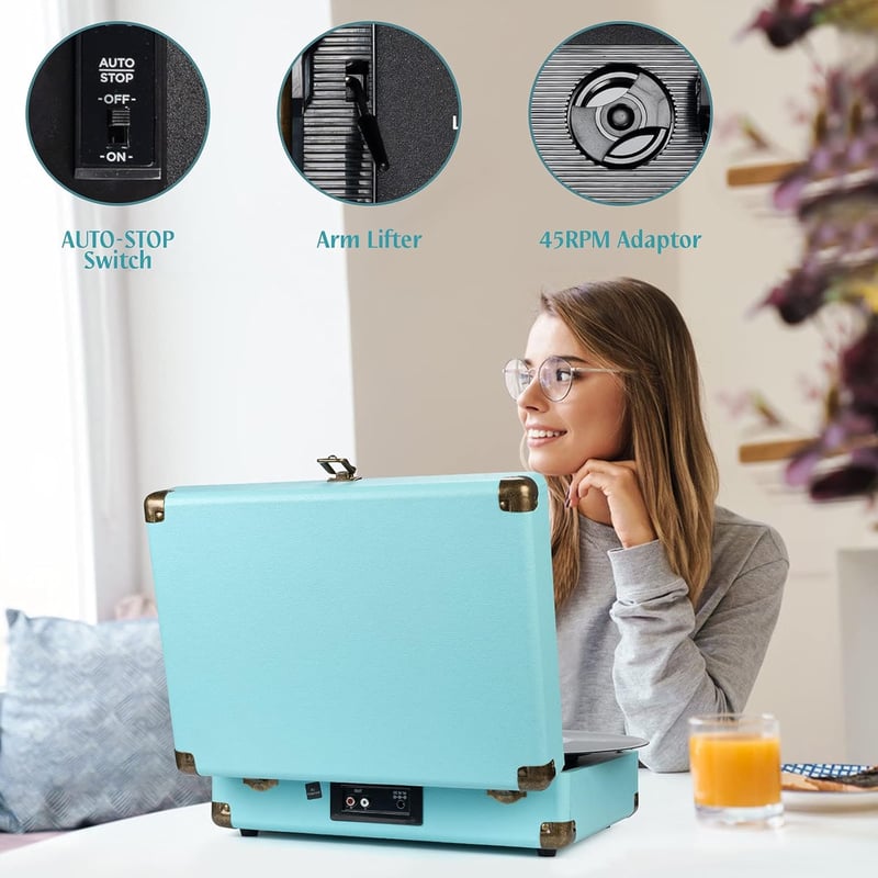Retrolife Türkiz hordozható lemezjátszó Bluetooth 33/45/78 RPM beépített hangszóró RCA line out AUX fejhallgató kimenettel