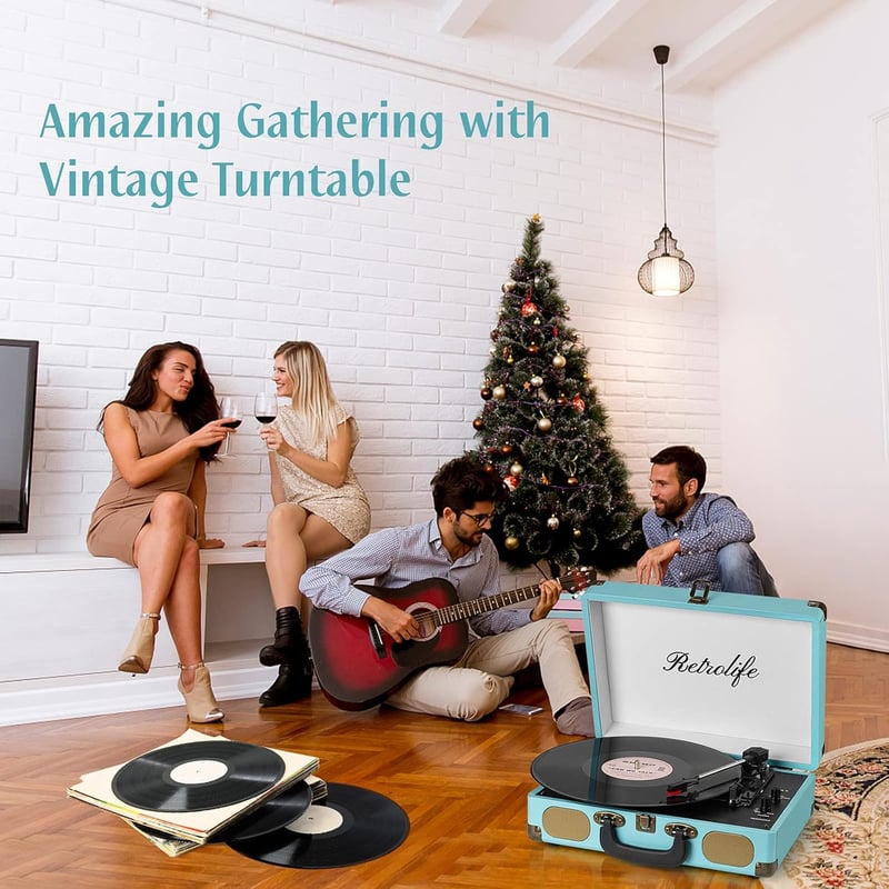 Retrolife Türkiz hordozható lemezjátszó Bluetooth 33/45/78 RPM beépített hangszóró RCA line out AUX fejhallgató kimenettel