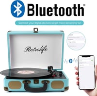 Retrolife Türkiz hordozható lemezjátszó Bluetooth 33/45/78 RPM beépített hangszóró RCA line out AUX fejhallgató kimenettel 2