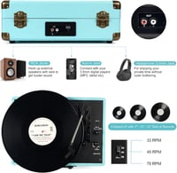 Retrolife Türkiz hordozható lemezjátszó Bluetooth 33/45/78 RPM beépített hangszóró RCA line out AUX fejhallgató kimenettel 4