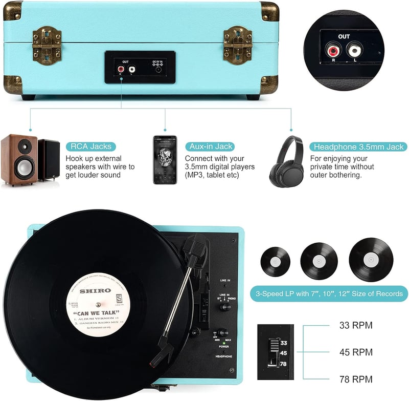 Retrolife Türkiz hordozható lemezjátszó Bluetooth 33/45/78 RPM beépített hangszóró RCA line out AUX fejhallgató kimenettel