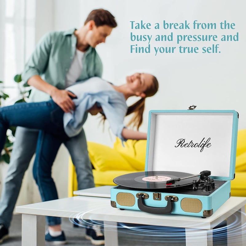 Retrolife Türkiz hordozható lemezjátszó Bluetooth 33/45/78 RPM beépített hangszóró RCA line out AUX fejhallgató kimenettel